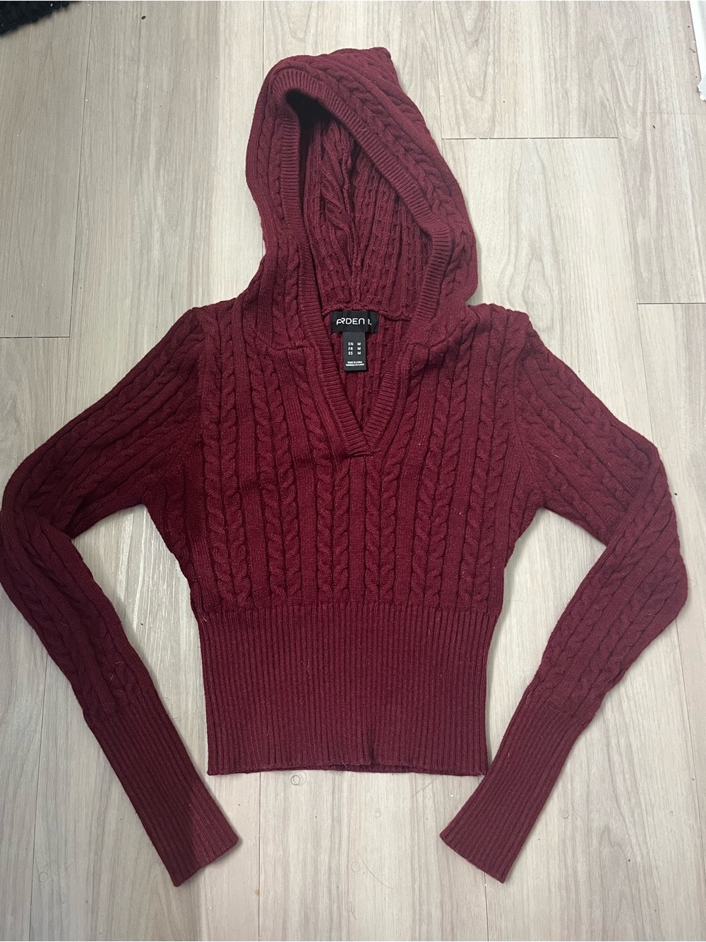 Arden B V-Neck Cable Knit Hooded Sweater - Wine